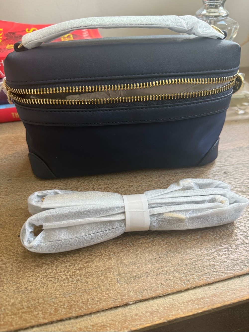 Stoney Clover Lane Navy Crossbody with Gold Zippers and White Strap